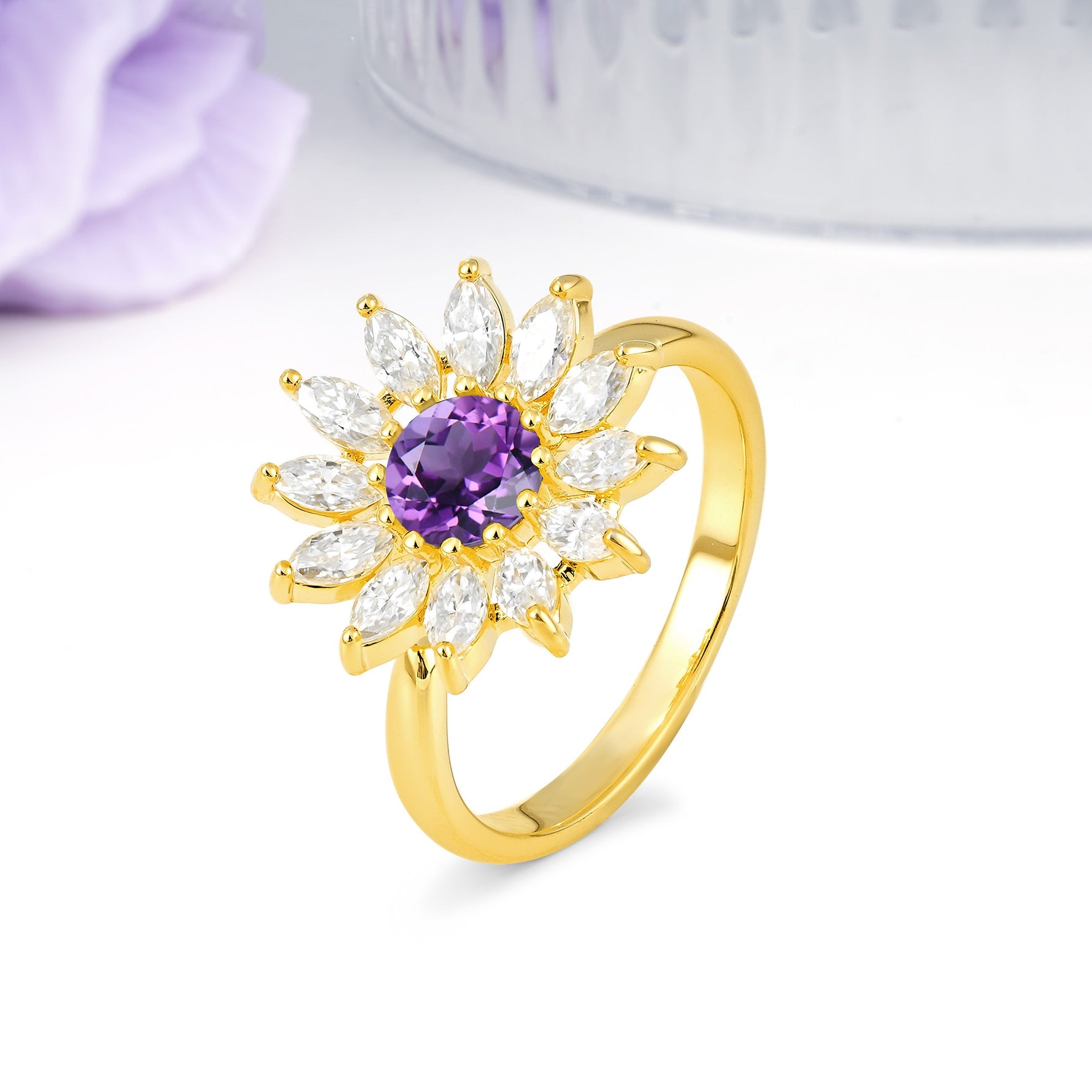 Luxurious Classic Flower-Shaped 12-Prong Round Cut Amethyst Engagement Ring - Additional view