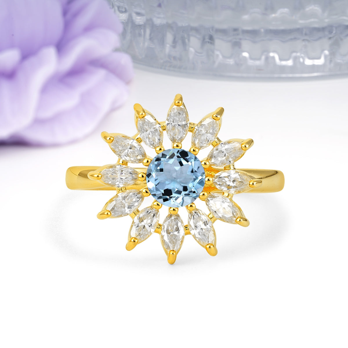 Luxurious Classic Flower-Shaped 12-Prong Round Cut Aquamarine Engagement Ring - Additional view