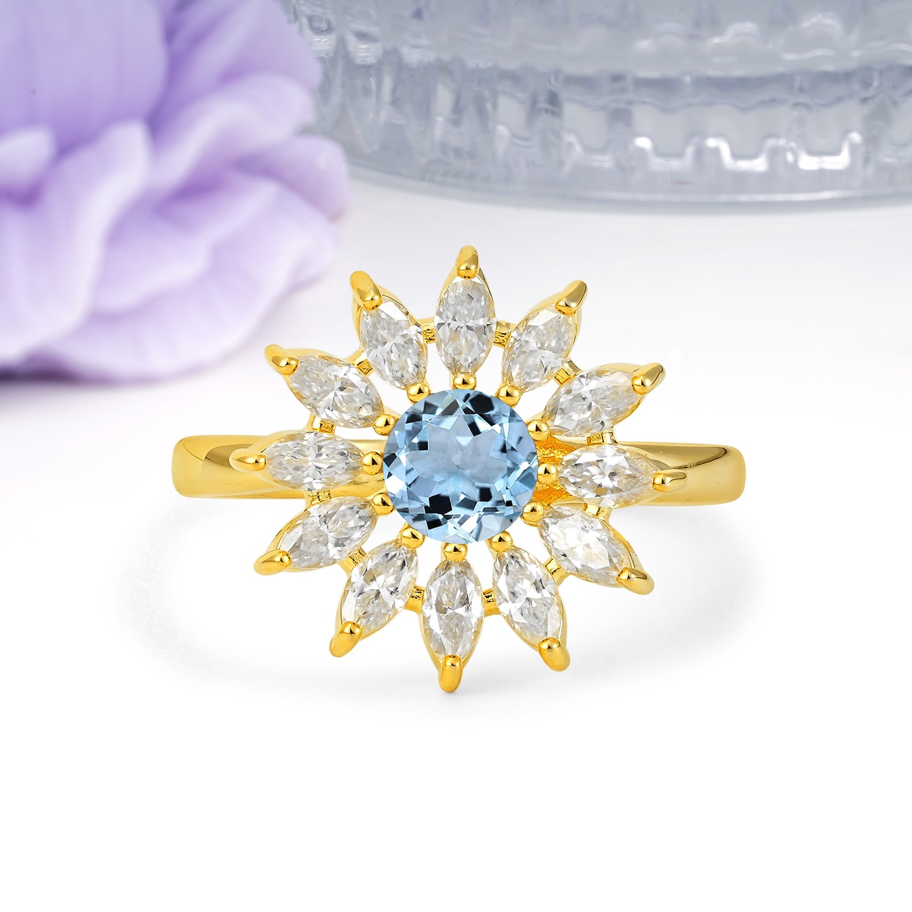 Luxurious Classic Flower-Shaped 12-Prong Round Cut Aquamarine Engagement Ring - Additional view