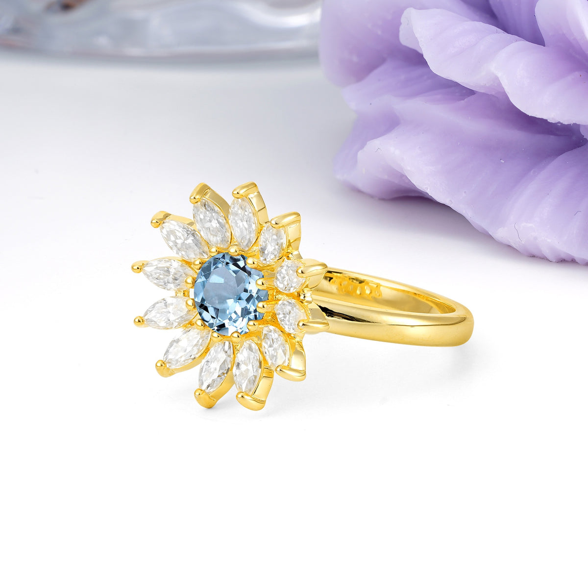 Luxurious Classic Flower-Shaped 12-Prong Round Cut Aquamarine Engagement Ring - Additional view