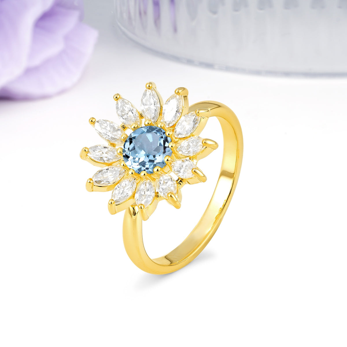 Luxurious Classic Flower-Shaped 12-Prong Round Cut Aquamarine Engagement Ring - Additional view