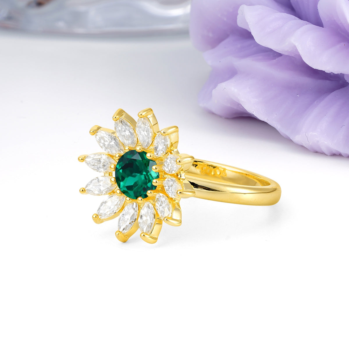 Luxurious Classic Flower-Shaped 12-Prong Round Cut Emerald Engagement Ring - Additional view