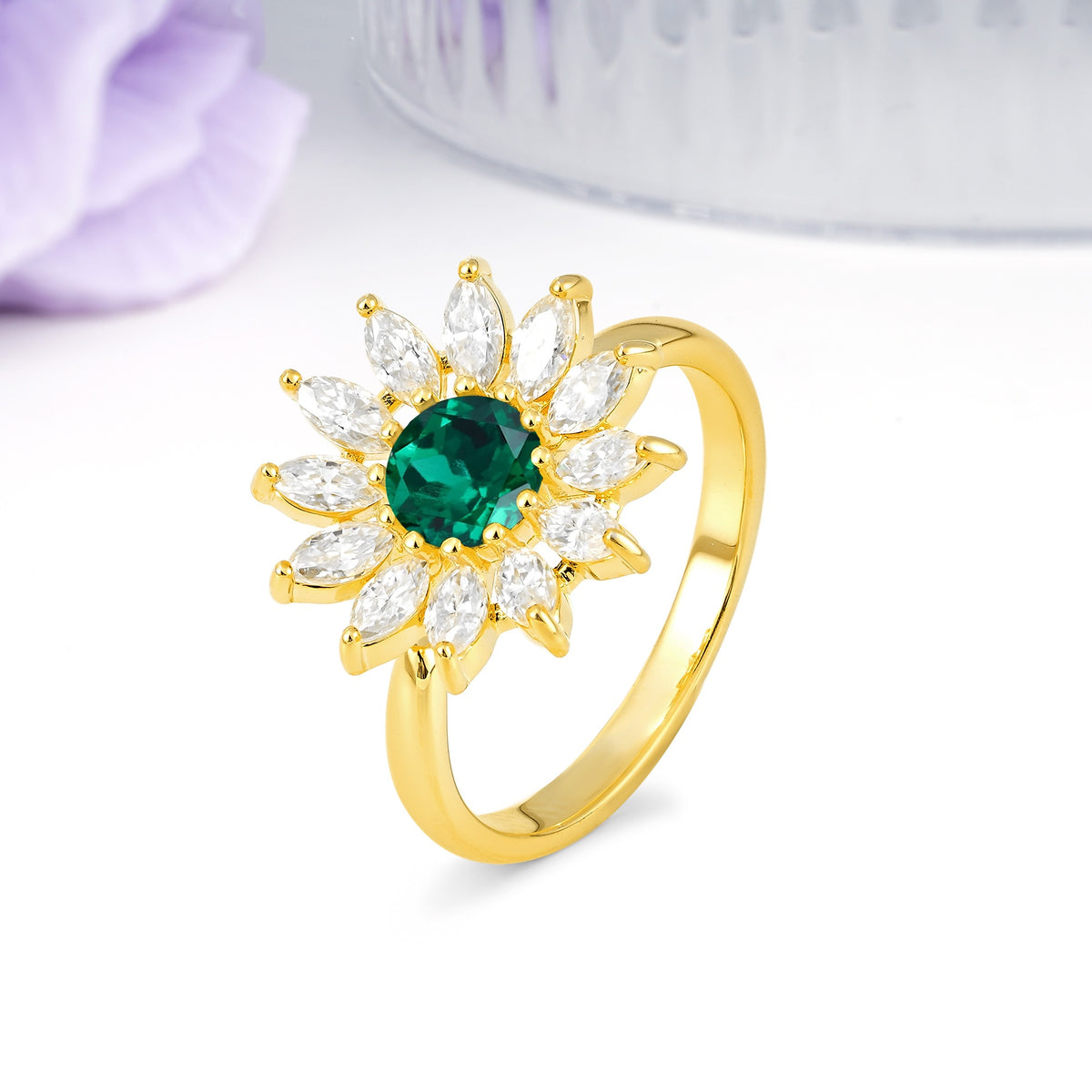 Luxurious Classic Flower-Shaped 12-Prong Round Cut Emerald Engagement Ring - Additional view