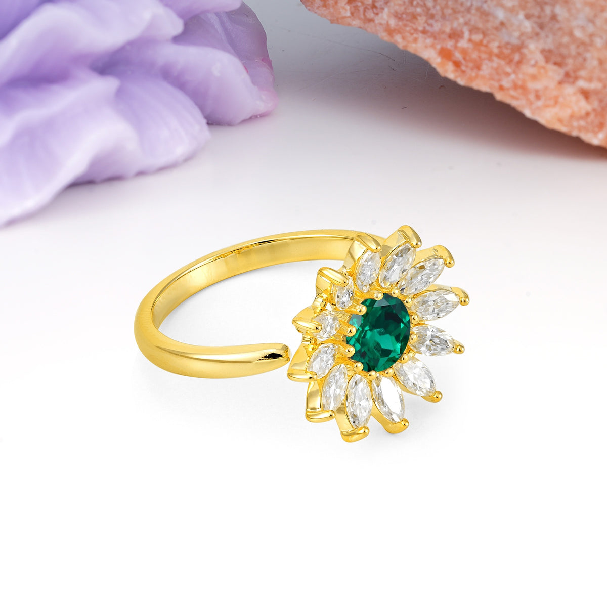 Luxurious Classic Flower-Shaped 12-Prong Round Cut Emerald Engagement Ring - Additional view