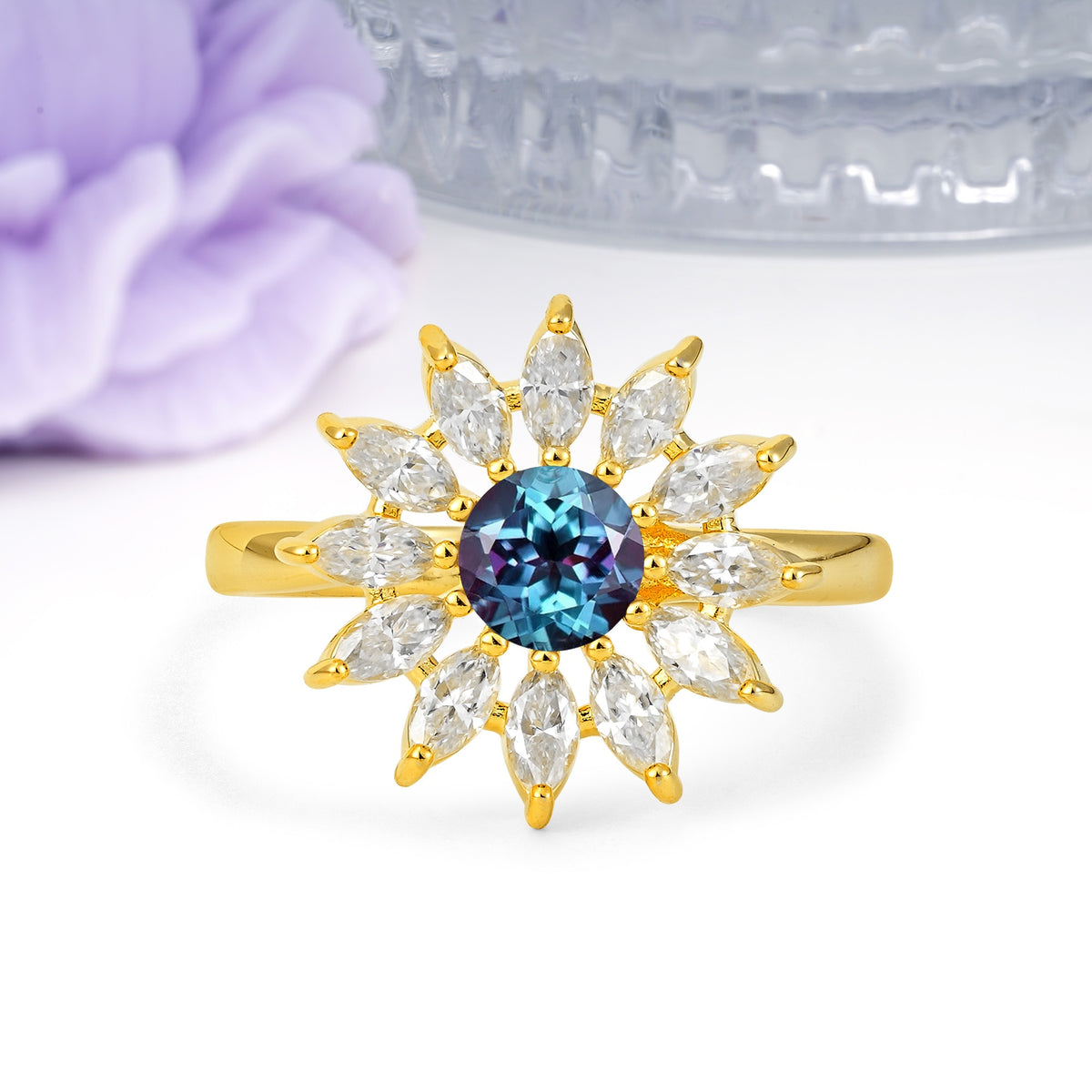 Luxurious Classic Flower-Shaped 12-Prong Round Cut Alexandrite Engagement Ring - Additional view