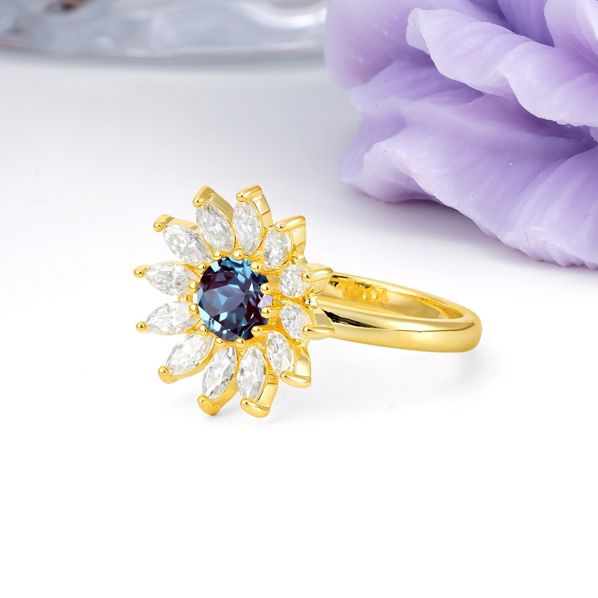 Luxurious Classic Flower-Shaped 12-Prong Round Cut Alexandrite Engagement Ring - Additional view