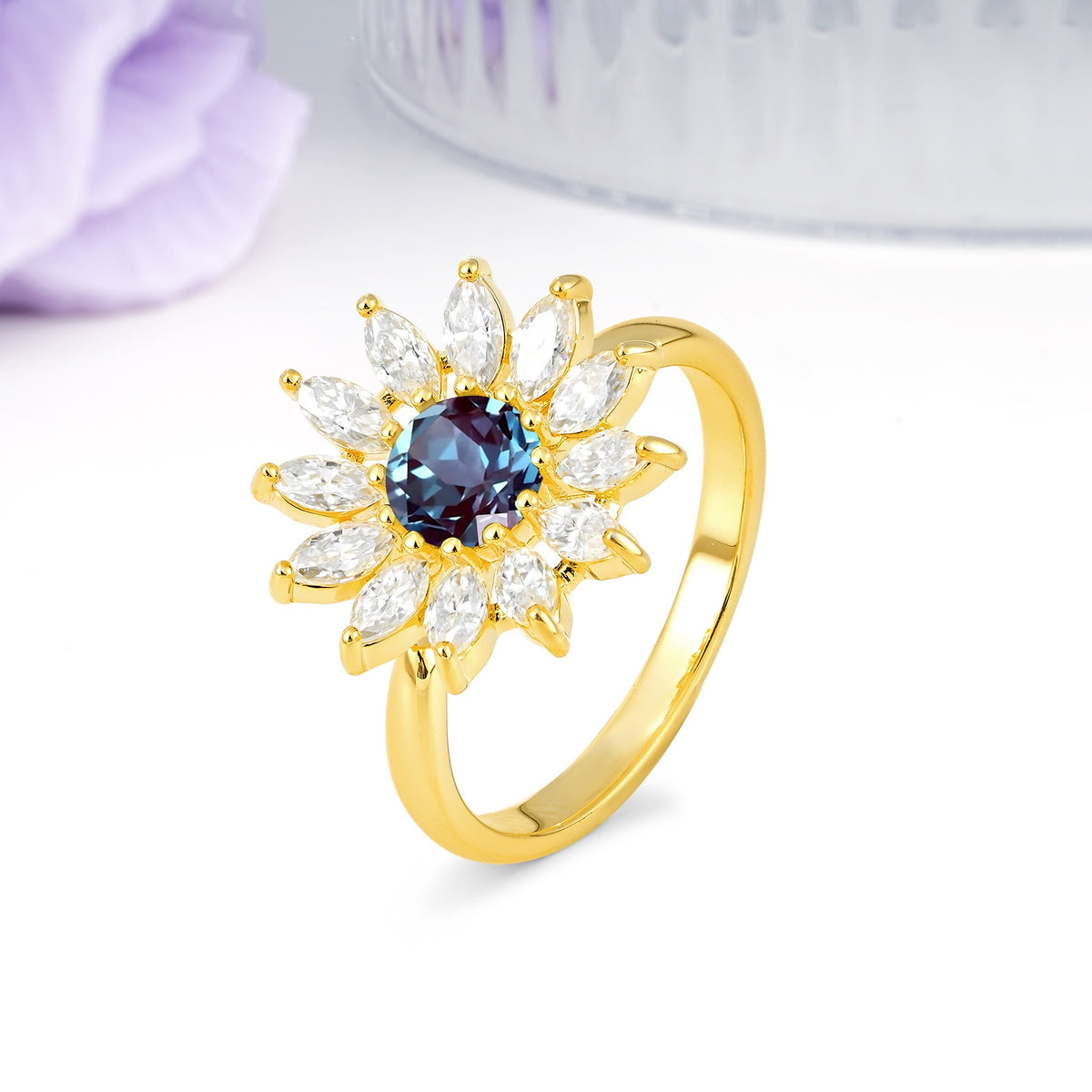 Luxurious Classic Flower-Shaped 12-Prong Round Cut Alexandrite Engagement Ring - Additional view