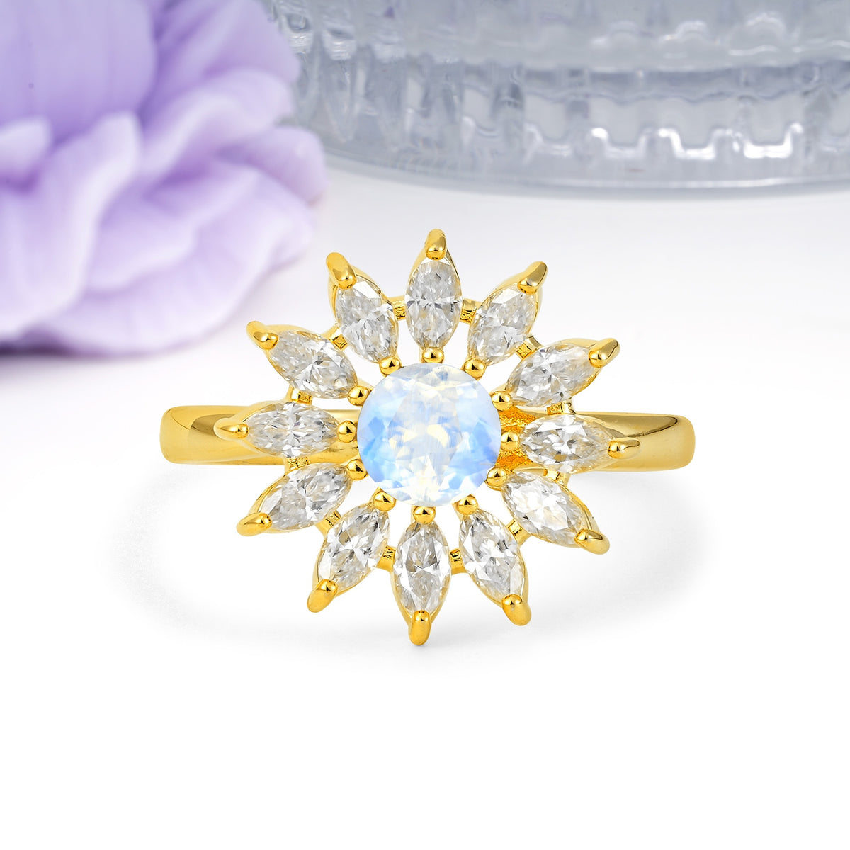 Luxurious Classic Flower-Shaped 12-Prong Round Cut Moonstone Engagement Ring - Additional view
