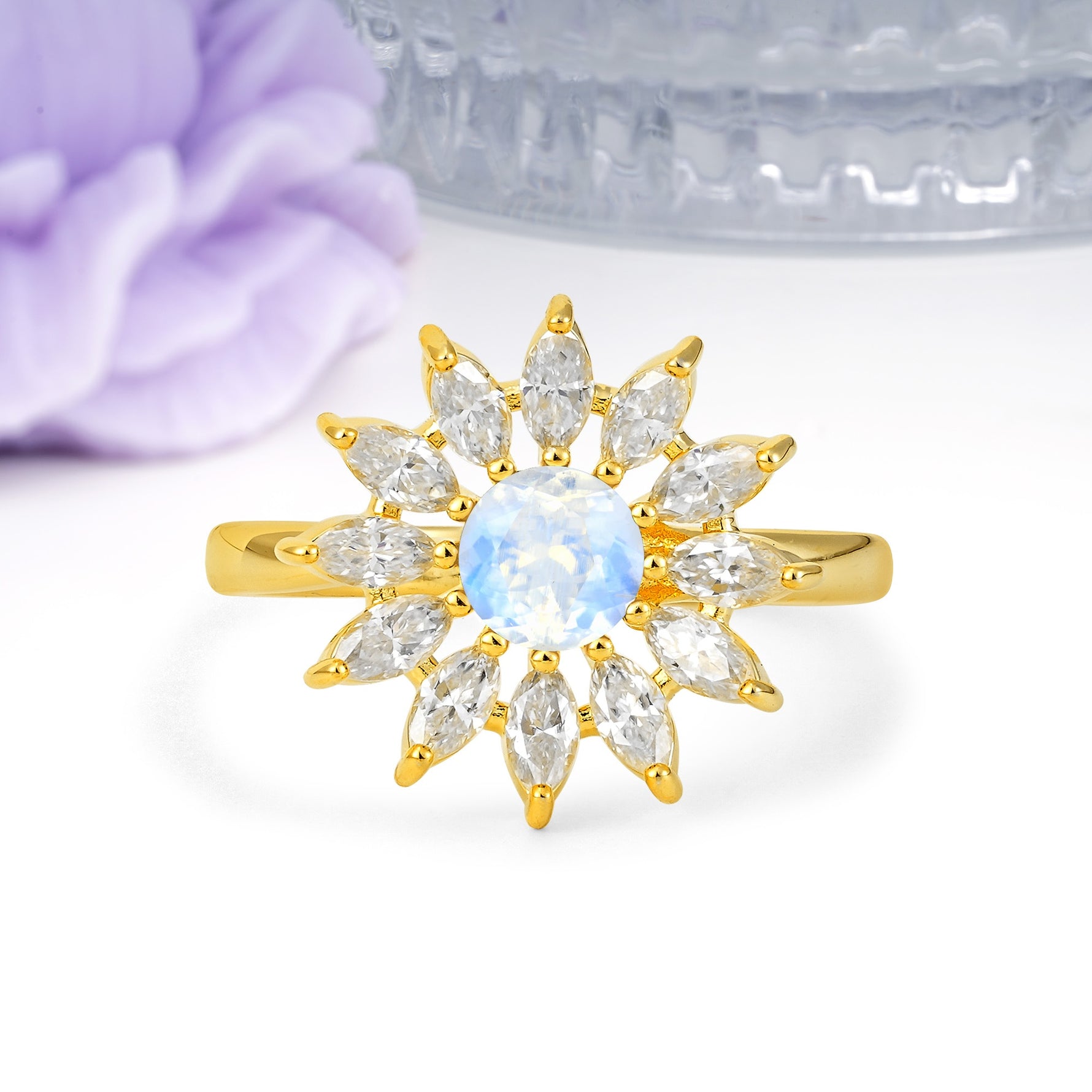 Luxurious Classic Flower-Shaped 12-Prong Round Cut Moonstone Engagement Ring - Additional view