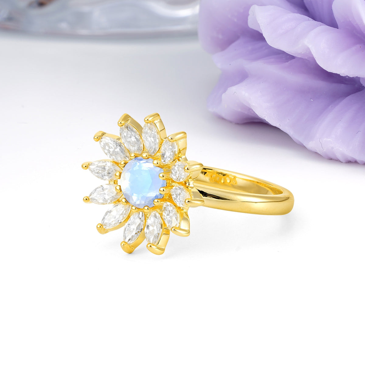 Luxurious Classic Flower-Shaped 12-Prong Round Cut Moonstone Engagement Ring - Additional view