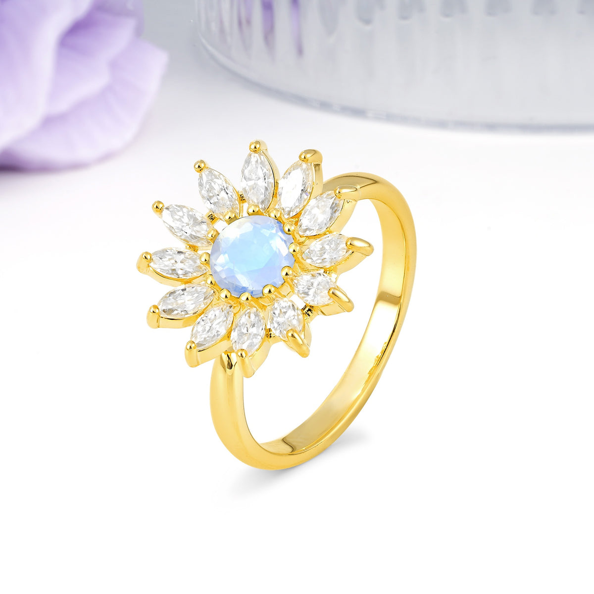 Luxurious Classic Flower-Shaped 12-Prong Round Cut Moonstone Engagement Ring - Additional view