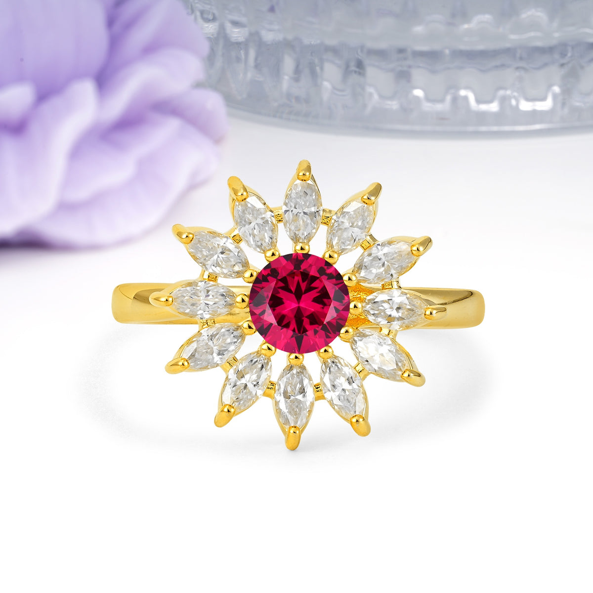 Luxurious Classic Flower-Shaped 12-Prong Round Cut Ruby Engagement Ring - Additional view