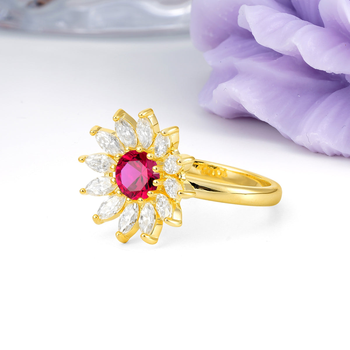 Luxurious Classic Flower-Shaped 12-Prong Round Cut Ruby Engagement Ring - Additional view