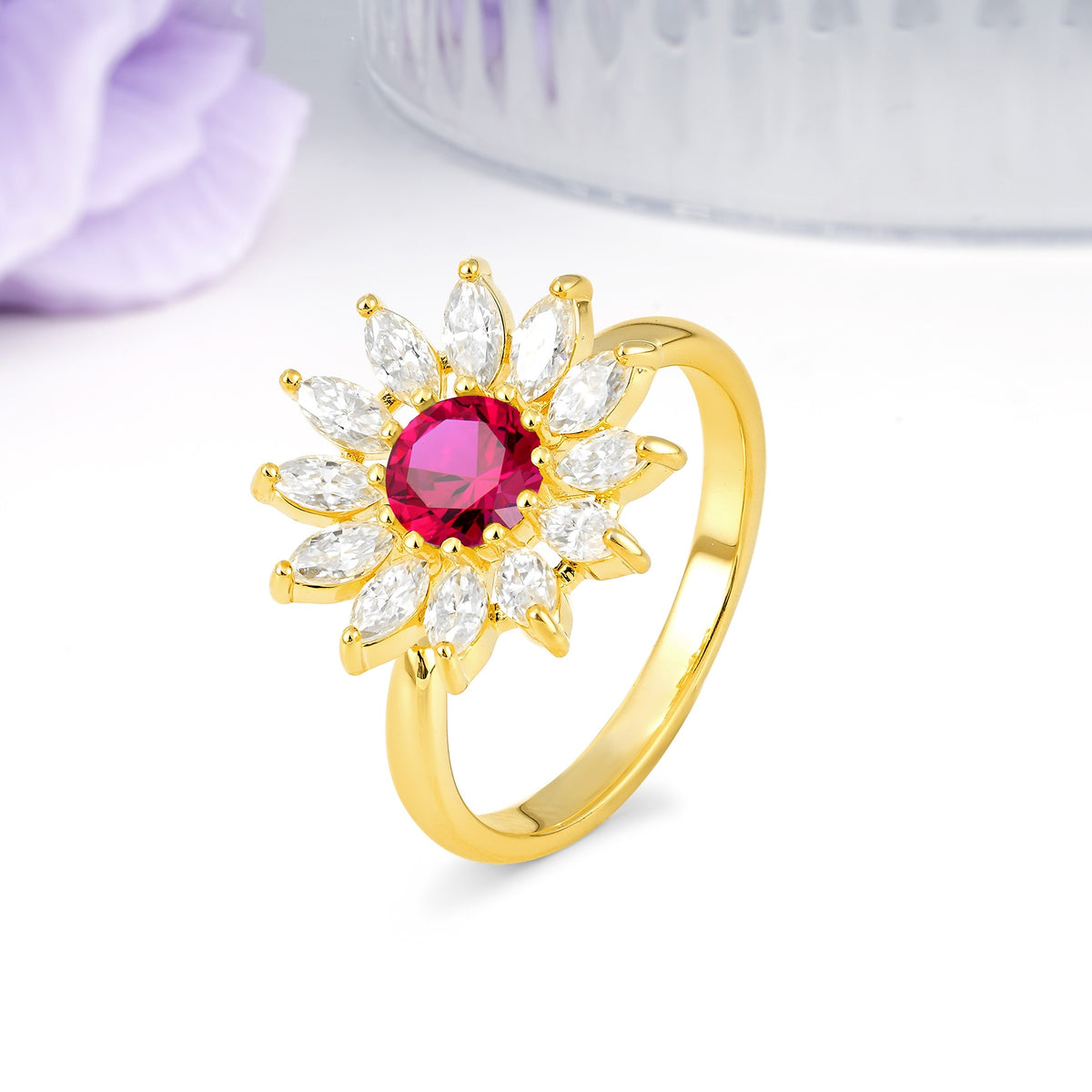 Luxurious Classic Flower-Shaped 12-Prong Round Cut Ruby Engagement Ring - Additional view