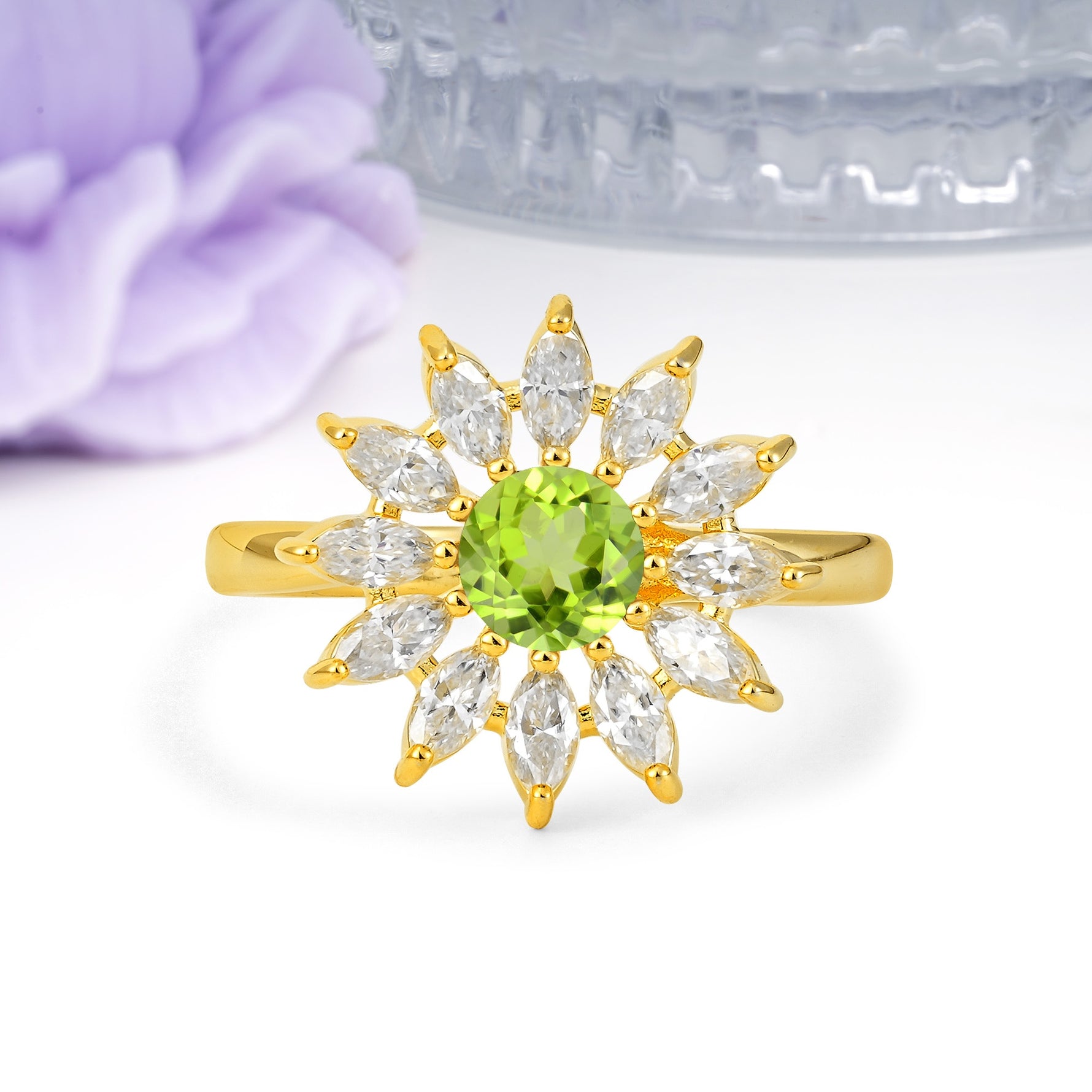 Luxurious Classic Flower-Shaped 12-Prong Round Cut Peridot Engagement Ring - Additional view