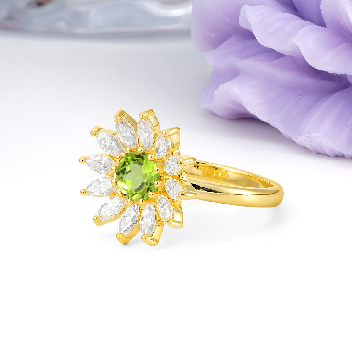 Luxurious Classic Flower-Shaped 12-Prong Round Cut Peridot Engagement Ring - Additional view