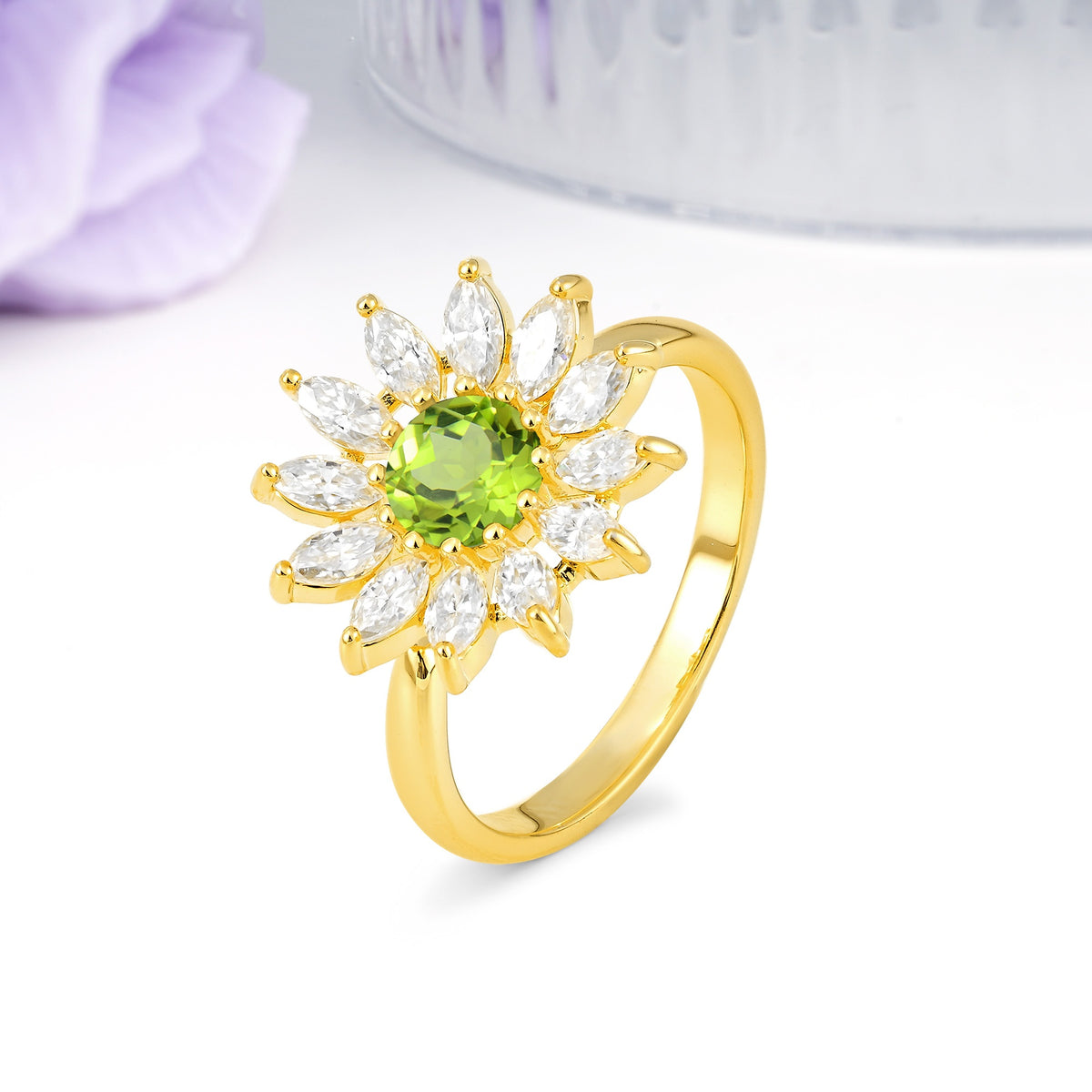 Luxurious Classic Flower-Shaped 12-Prong Round Cut Peridot Engagement Ring - Additional view