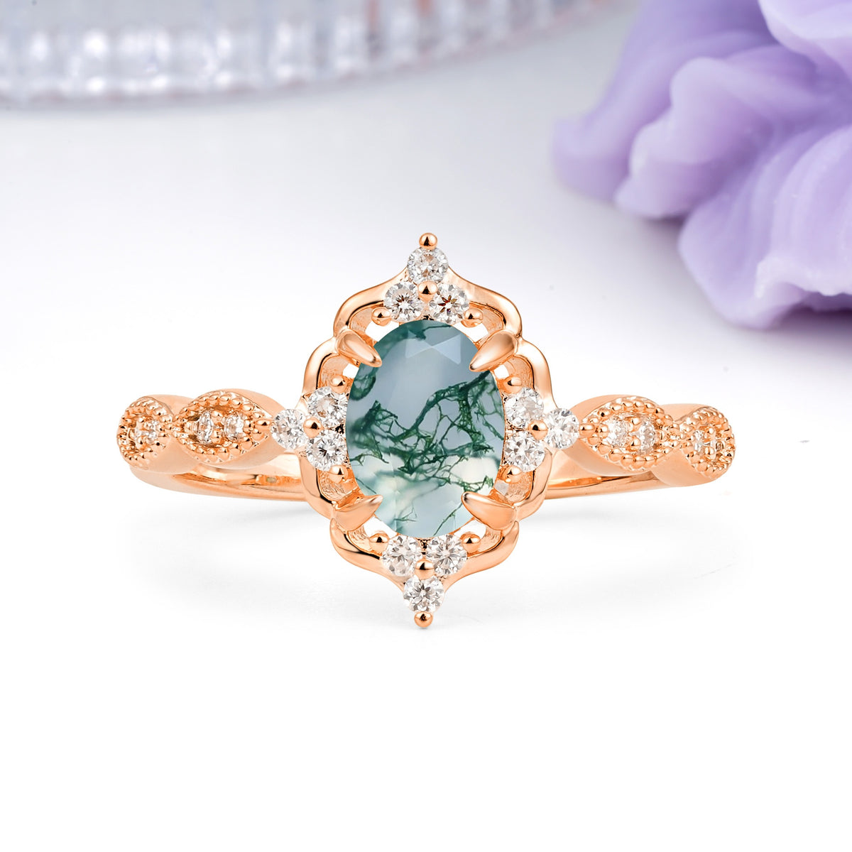 Luxurious Vintage 4-Prong Oval Cut Moss Agate Engagement Ring - Additional view