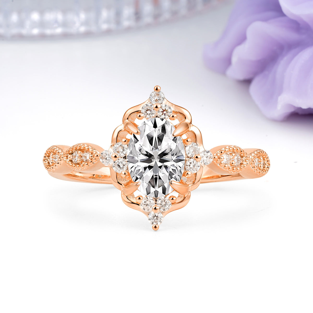Luxurious Vintage 4-Prong Oval Cut Lab Diamond Engagement Ring - Additional view