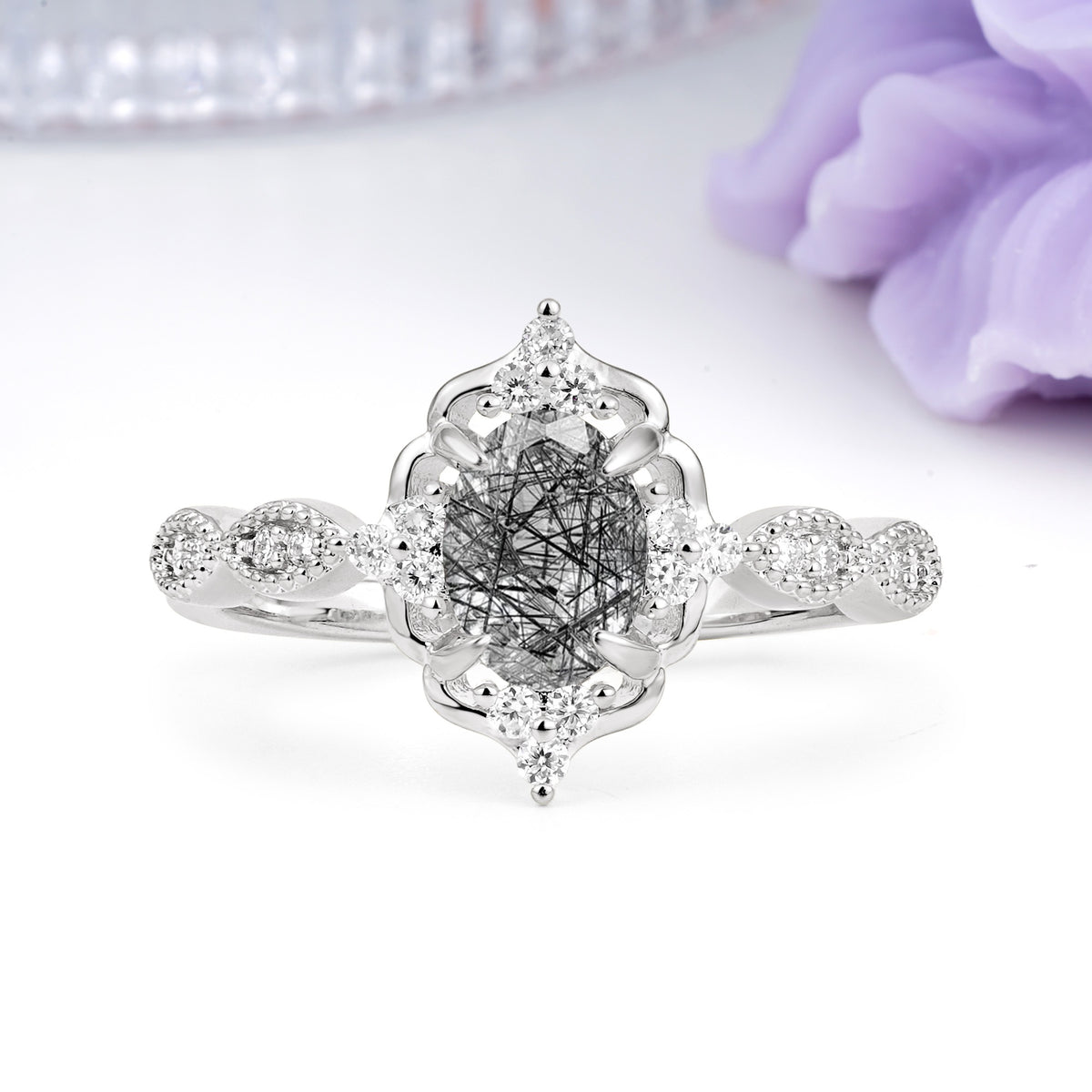 Luxurious Vintage 4-Prong Oval Cut Black Rutilated Quartz Engagement Ring - Additional view