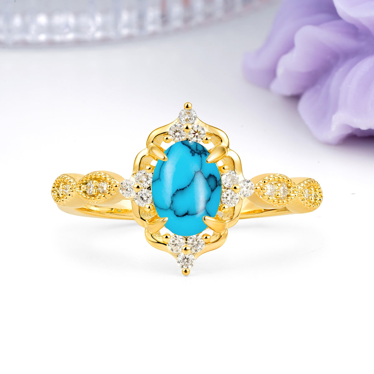 Luxurious Vintage 4-Prong Oval Cut Turquoise Engagement Ring - Additional view