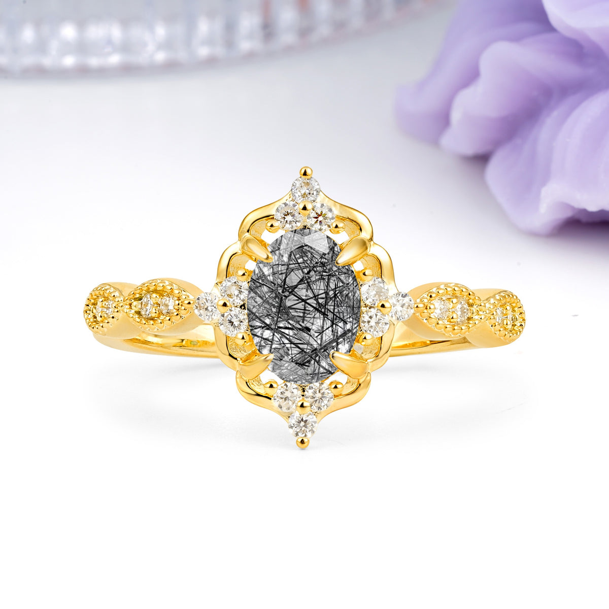 Luxurious Vintage 4-Prong Oval Cut Black Rutilated Quartz Engagement Ring - Additional view
