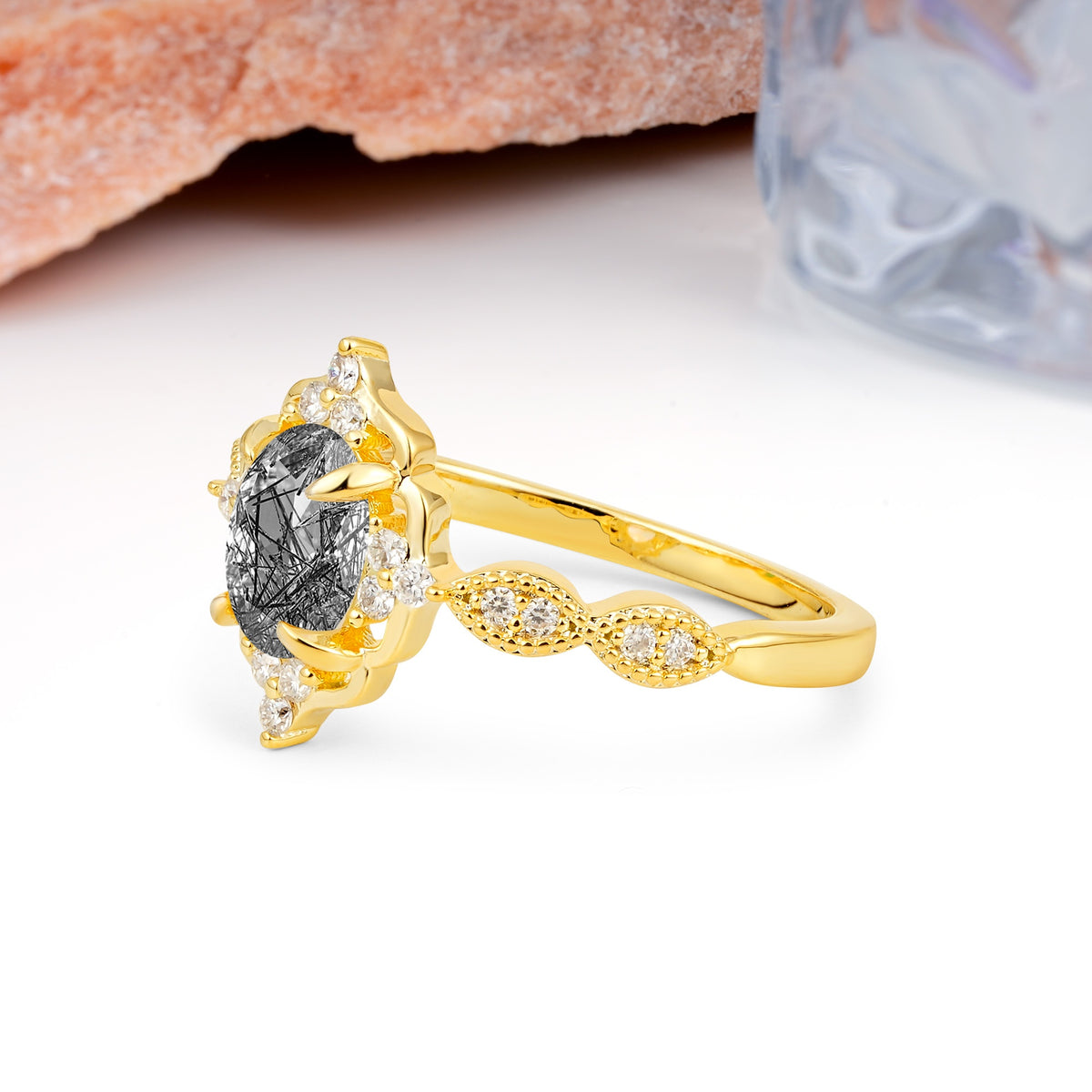 Luxurious Vintage 4-Prong Oval Cut Black Rutilated Quartz Engagement Ring - Additional view