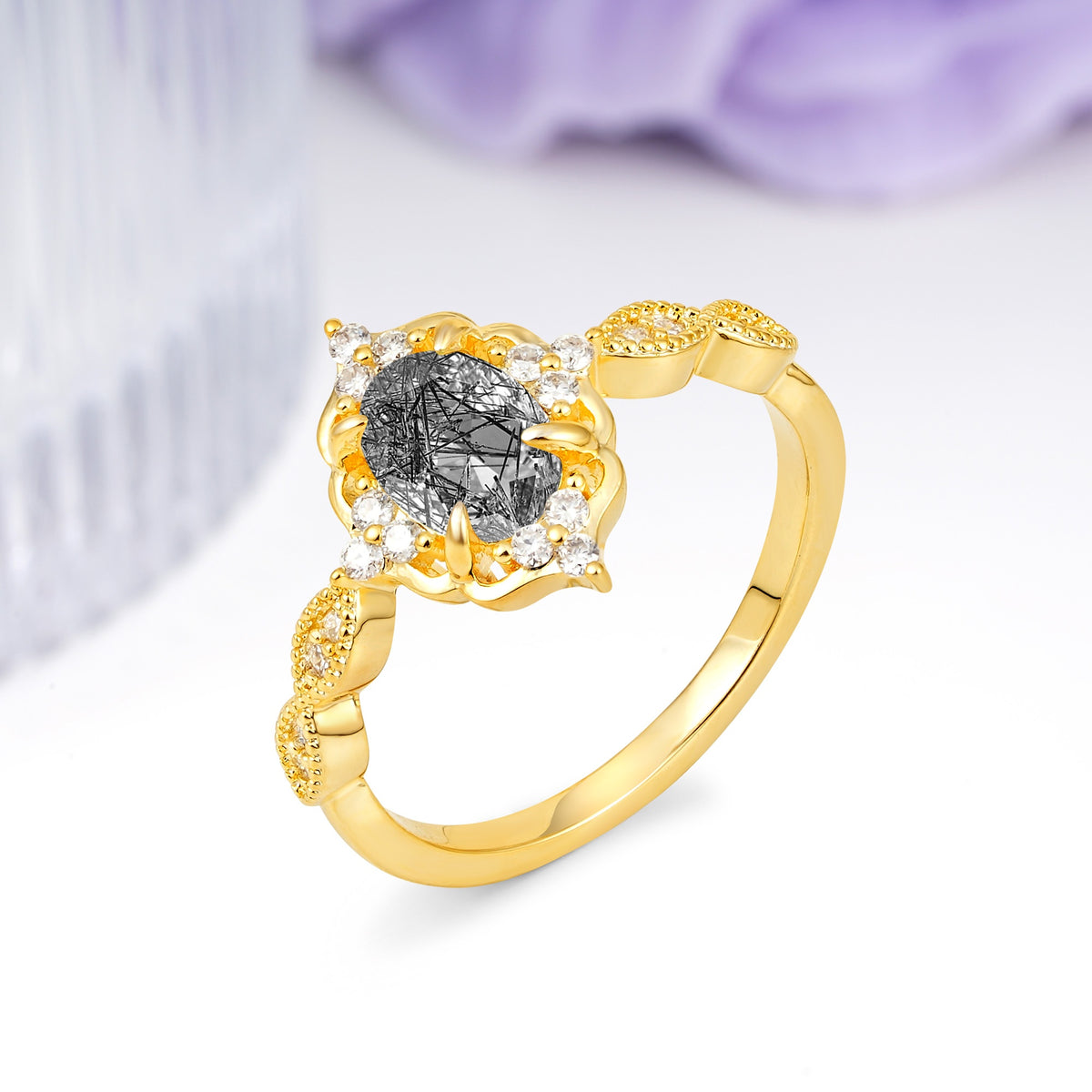Luxurious Vintage 4-Prong Oval Cut Black Rutilated Quartz Engagement Ring - Additional view