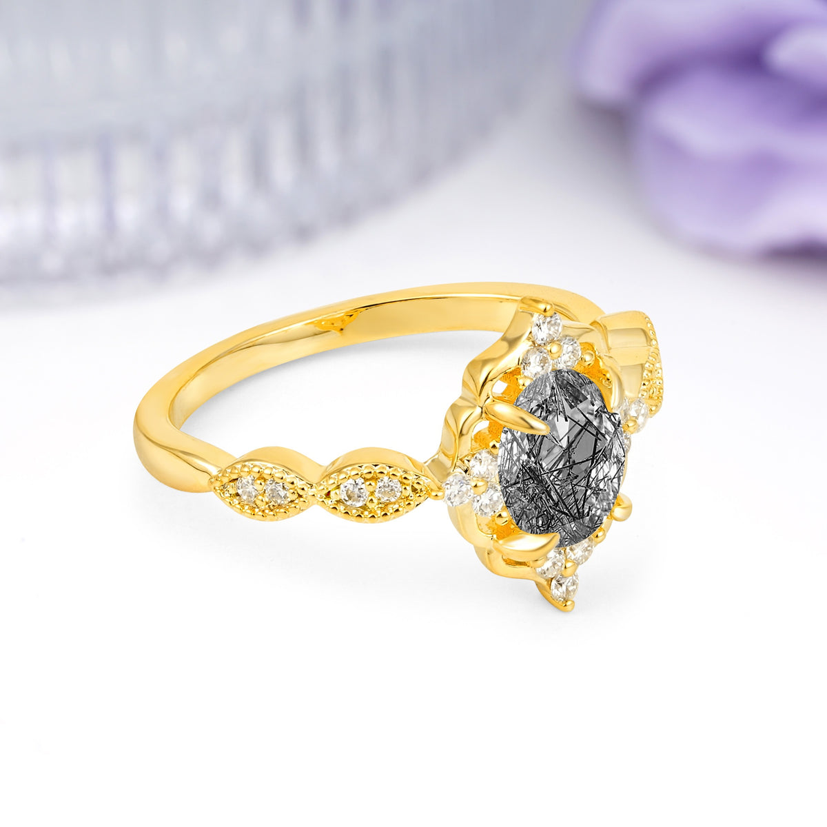 Luxurious Vintage 4-Prong Oval Cut Black Rutilated Quartz Engagement Ring - Additional view