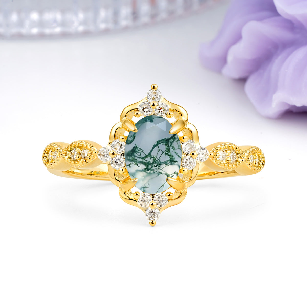 Luxurious Vintage 4-Prong Oval Cut Moss Agate Engagement Ring - Additional view