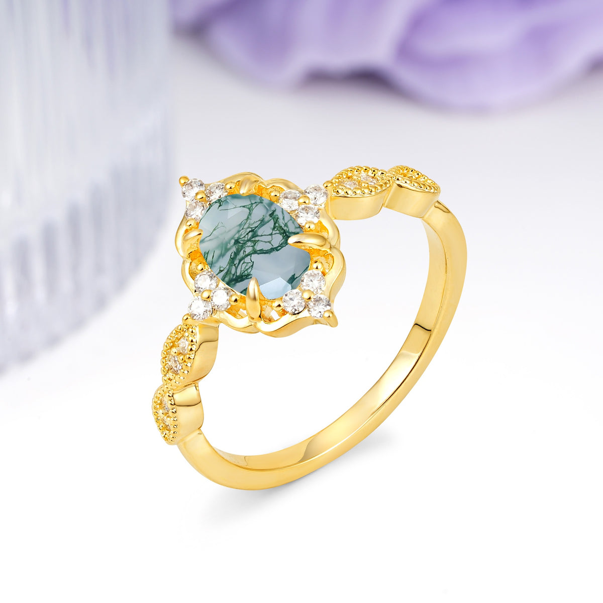 Luxurious Vintage 4-Prong Oval Cut Moss Agate Engagement Ring - Additional view