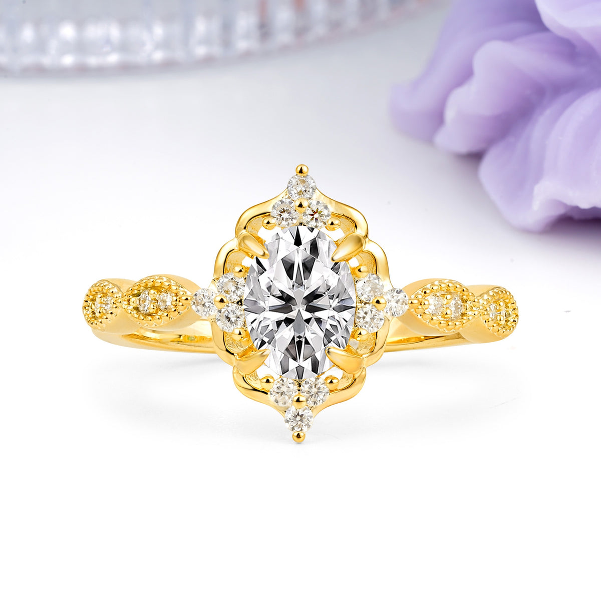 Luxurious Vintage 4-Prong Oval Cut Lab Diamond Engagement Ring - Additional view