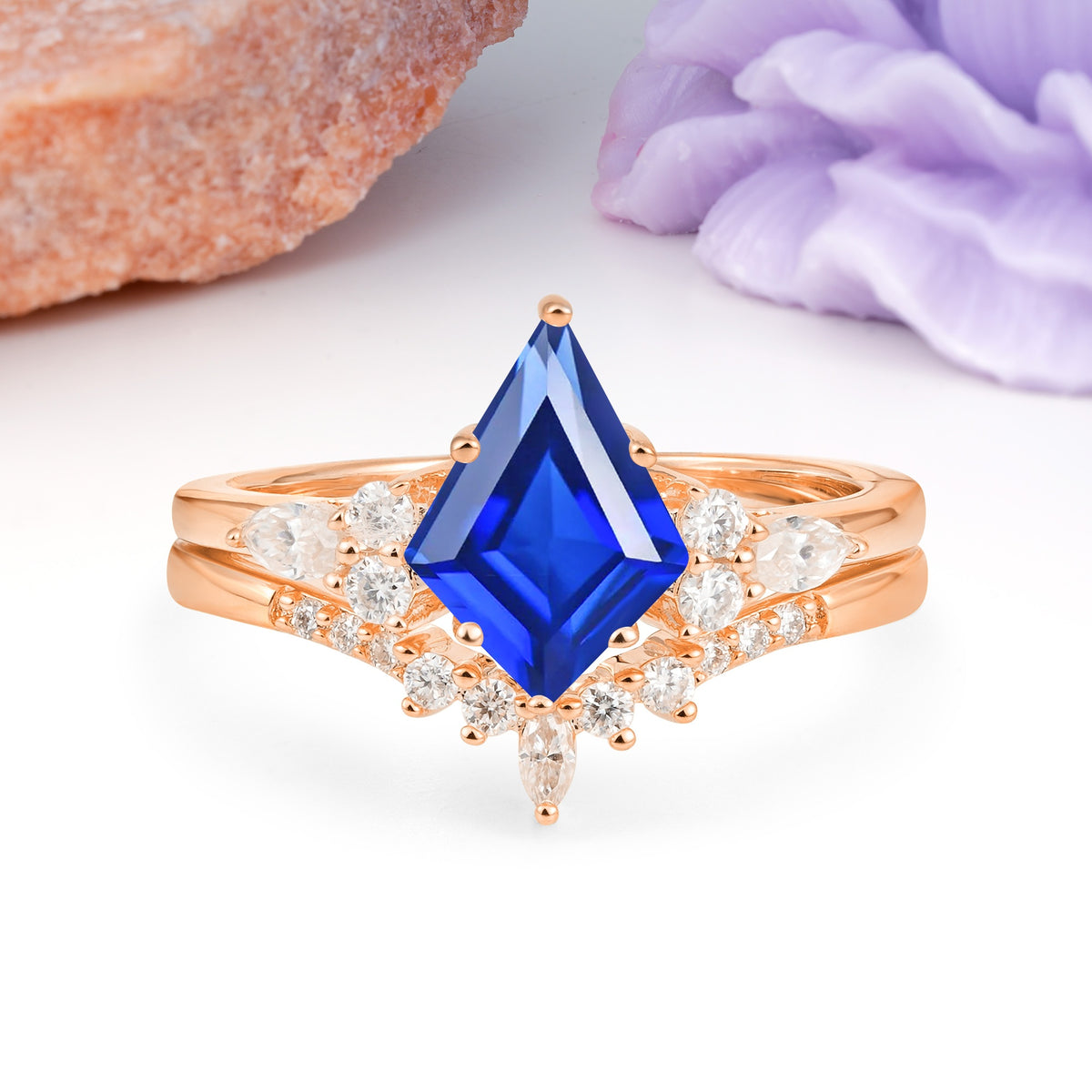 Classic, Luxurious 5-Prong Kite Cut Sapphire Bridal Ring Set - Additional view