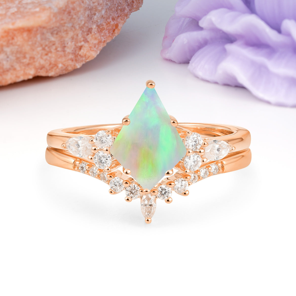 Classic, Luxurious 5-Prong Kite Cut Fire Opal Bridal Ring Set - Additional view