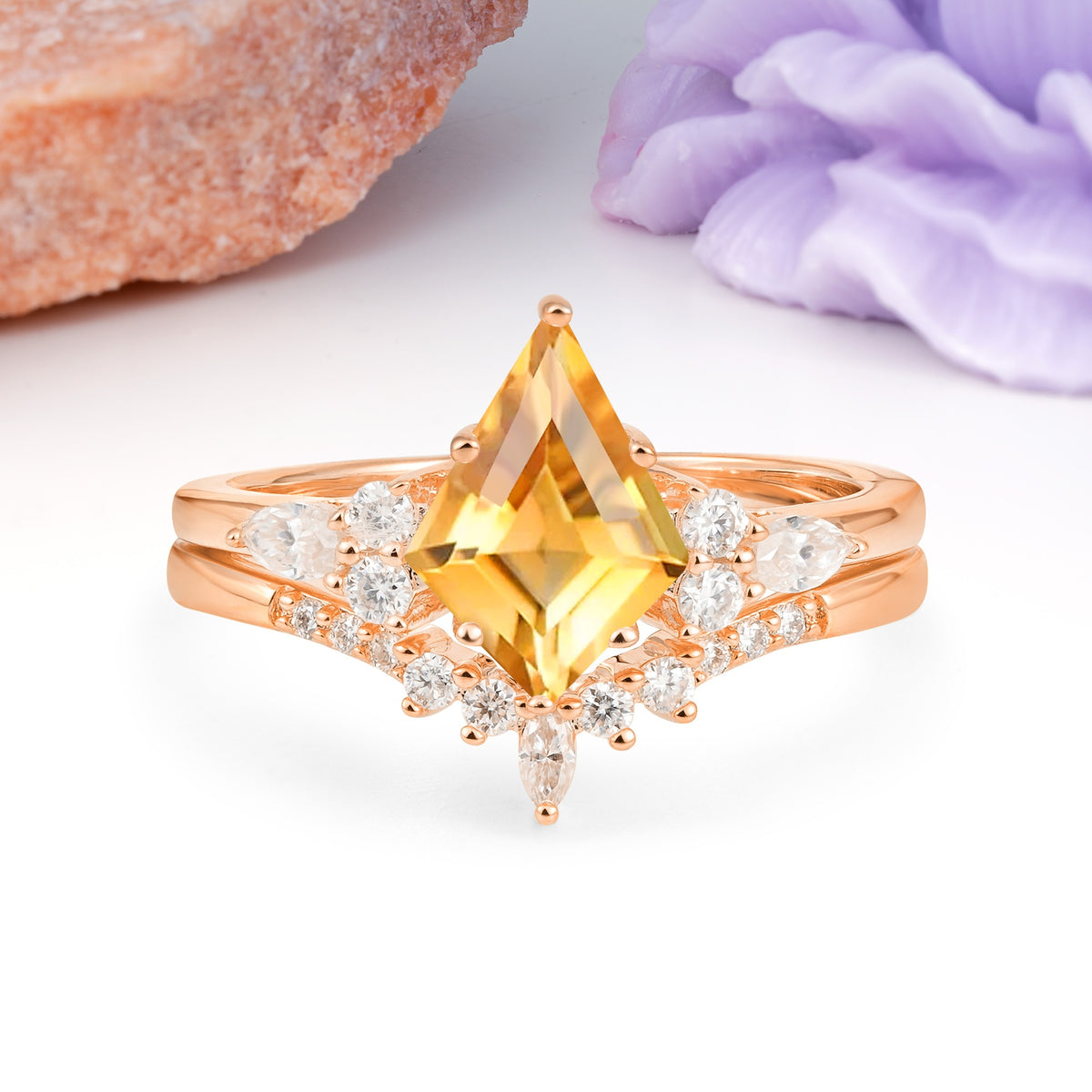 Classic, Luxurious 5-Prong Kite Cut Citrine Bridal Ring Set - Additional view