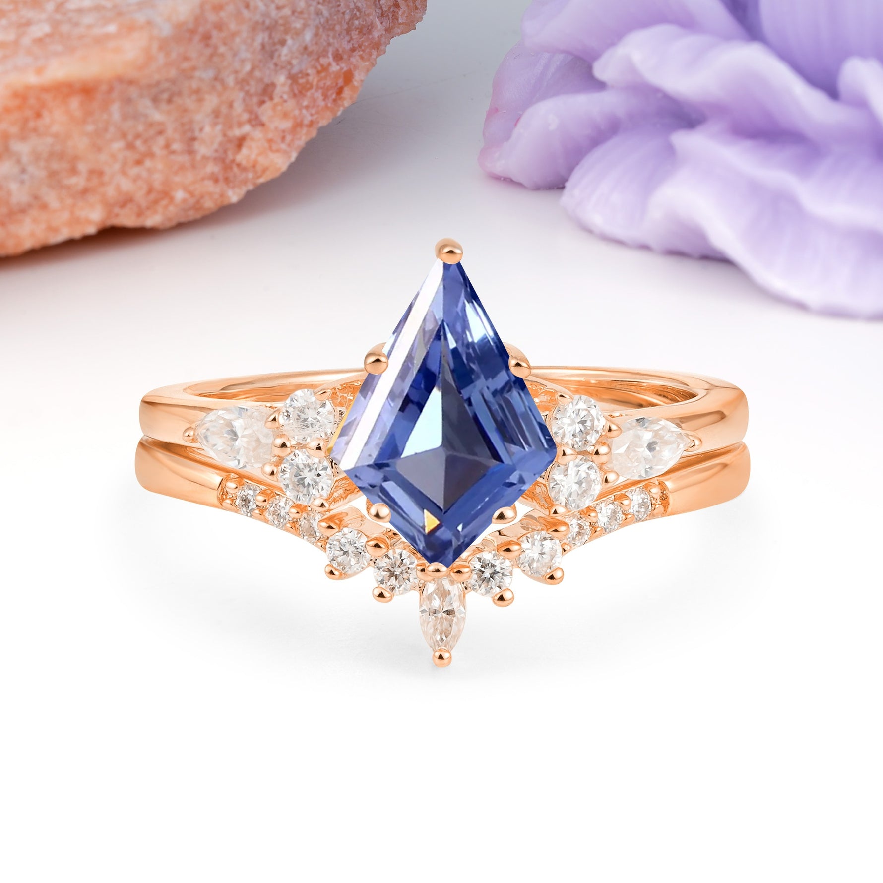 Classic, Luxurious 5-Prong Kite Cut Tanzanite Bridal Ring Set - Additional view