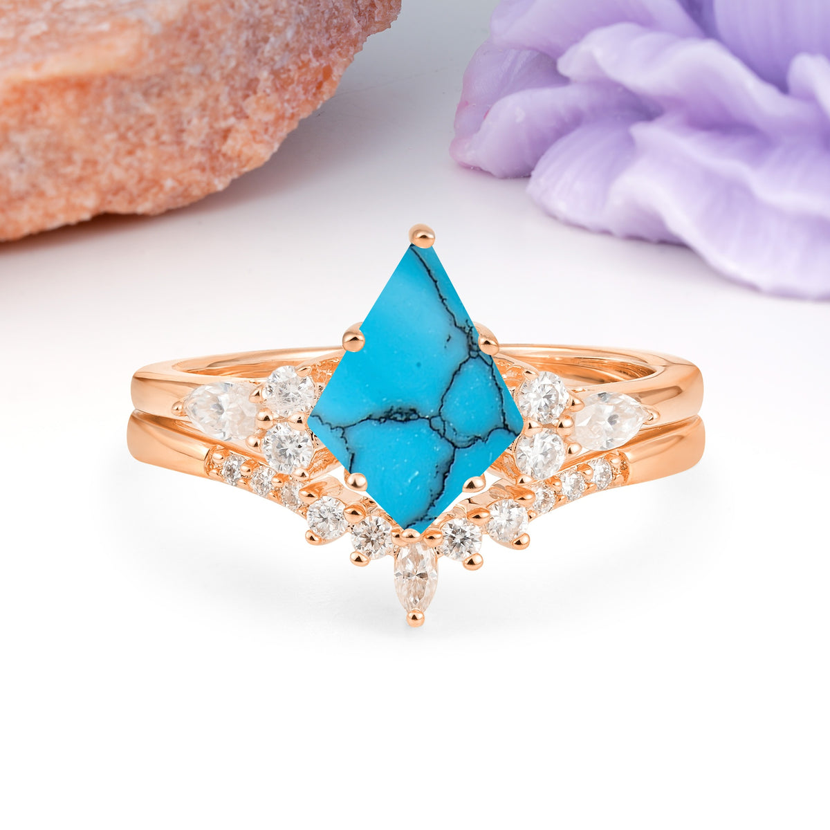 Classic, Luxurious 5-Prong Kite Cut Turquoise Bridal Ring Set - Additional view