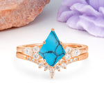 Classic, Luxurious 5-Prong Kite Cut Turquoise Bridal Ring Set - Additional view