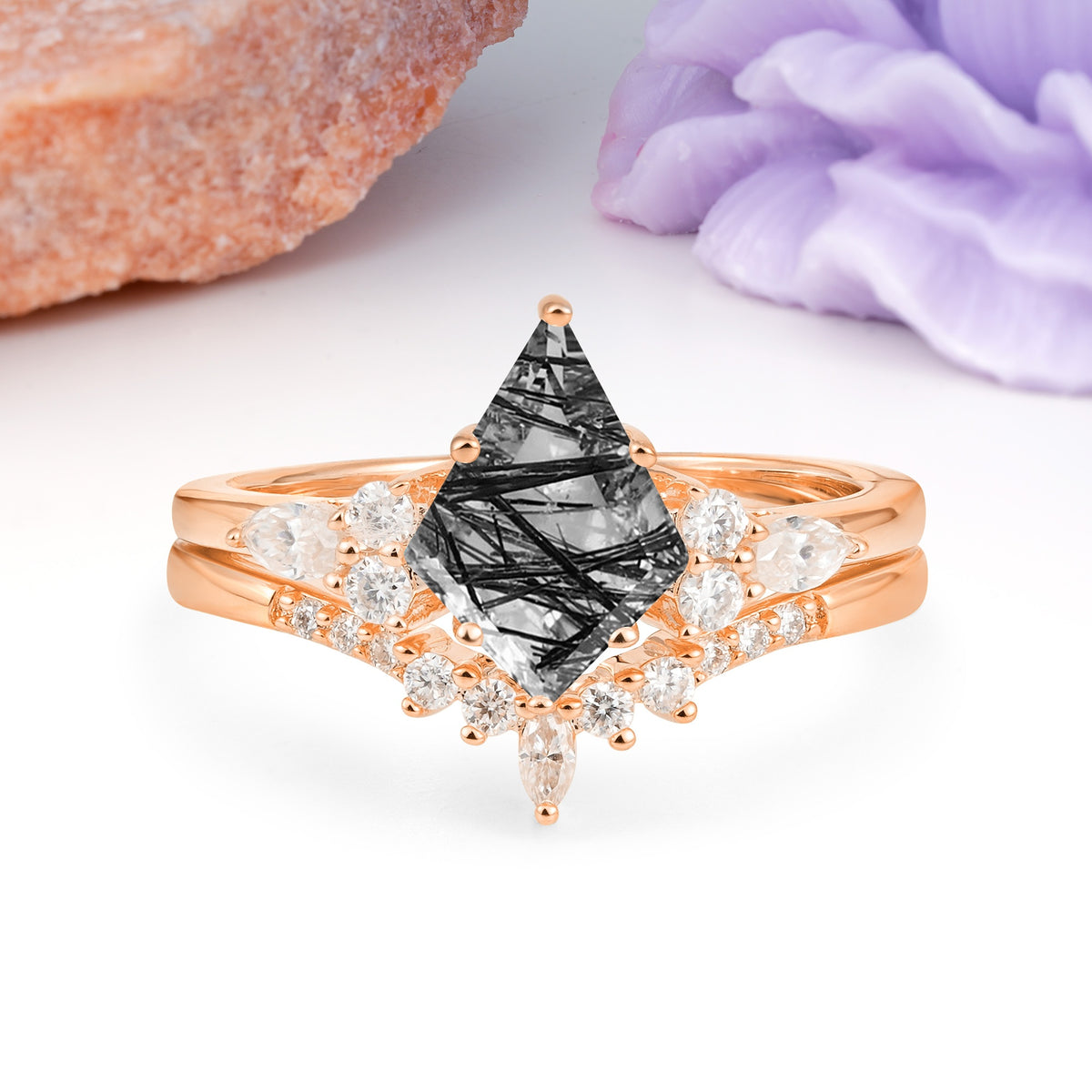 Classic, Luxurious 5-Prong Kite Cut Black Rutilated Quartz Bridal Ring Set - Additional view