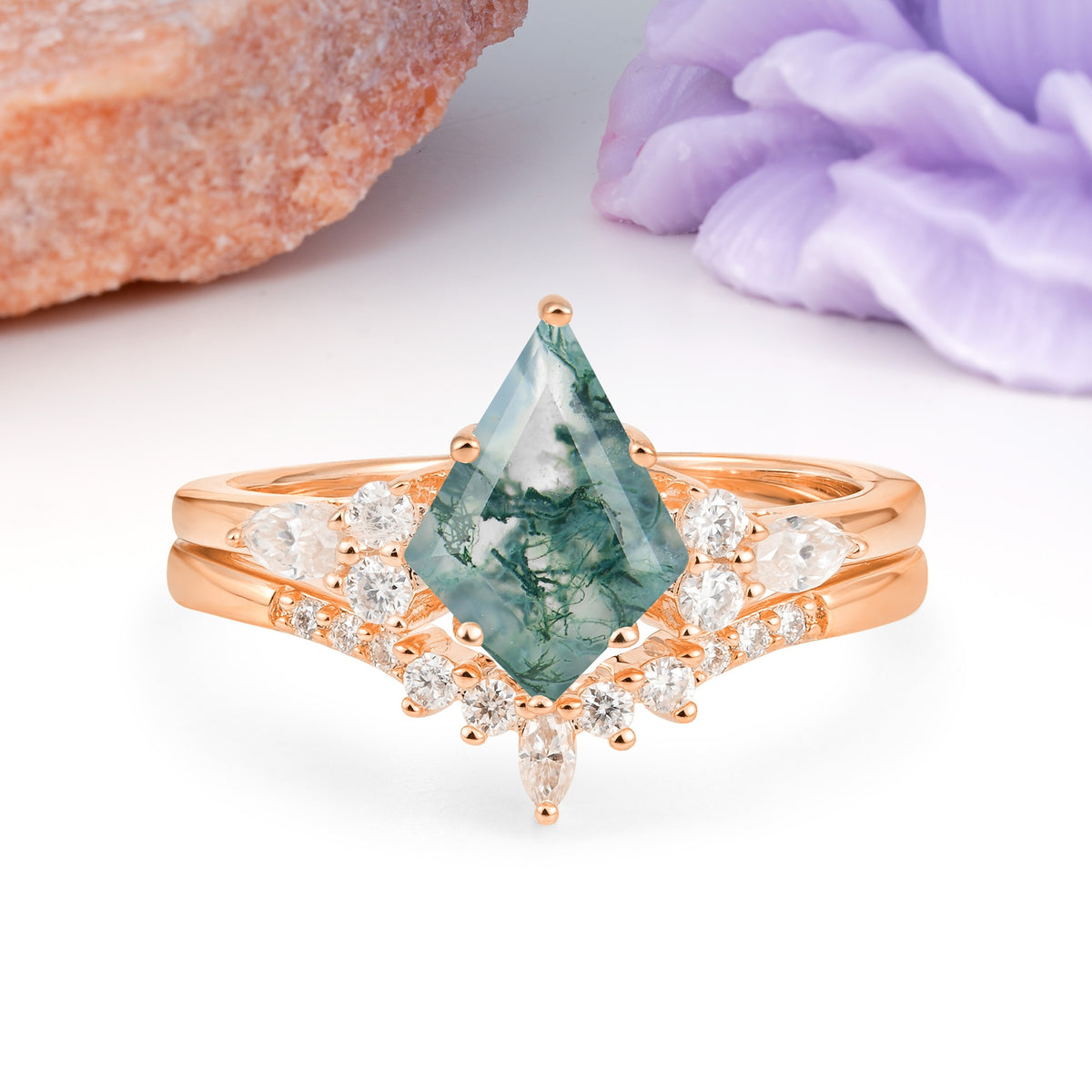 Classic, Luxurious 5-Prong Kite Cut Moss Agate Bridal Ring Set - Additional view