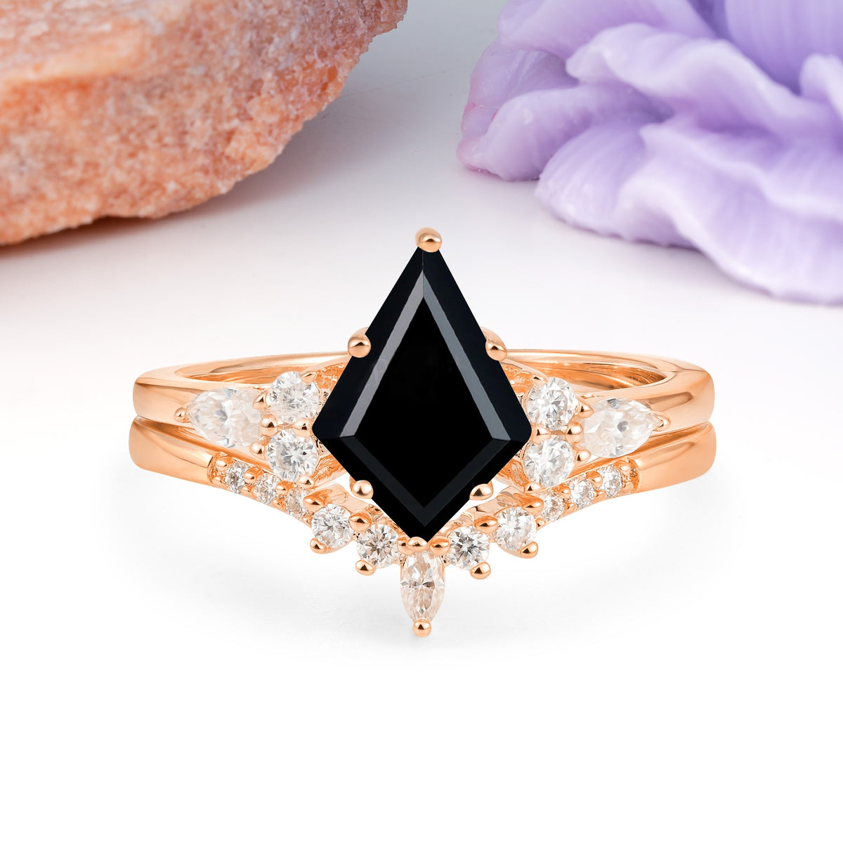 Classic, Luxurious 5-Prong Kite Cut Black Onyx Bridal Ring Set - Additional view