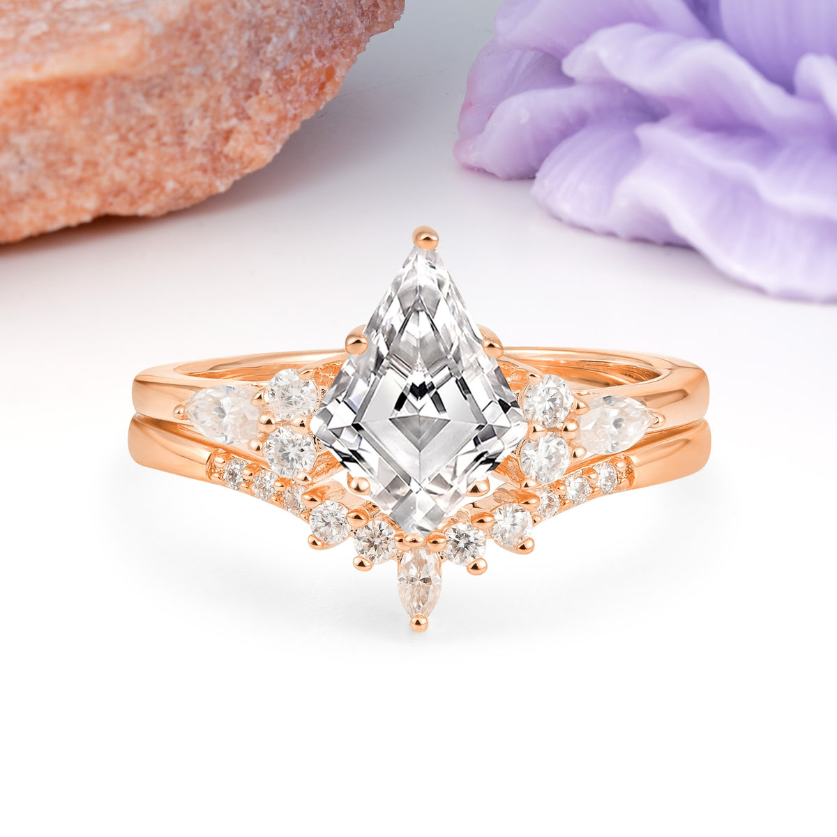 Classic, Luxurious 5-Prong Kite Cut Lab Diamond Bridal Ring Set - Additional view