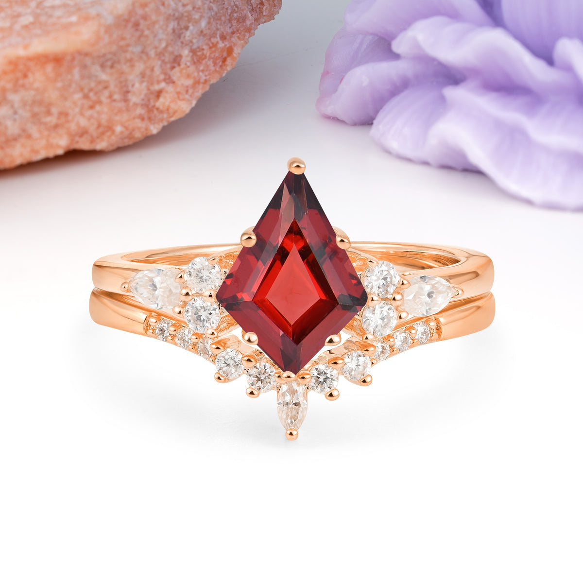 Classic, Luxurious 5-Prong Kite Cut Garnet Bridal Ring Set - Additional view