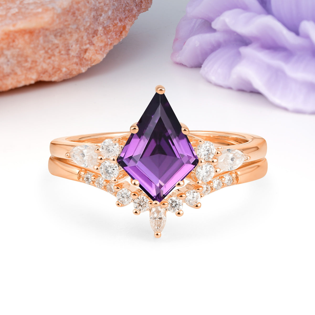 Classic, Luxurious 5-Prong Kite Cut Amethyst Bridal Ring Set - Additional view