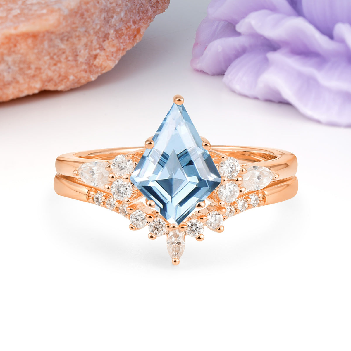 Classic, Luxurious 5-Prong Kite Cut Aquamarine Bridal Ring Set - Additional view