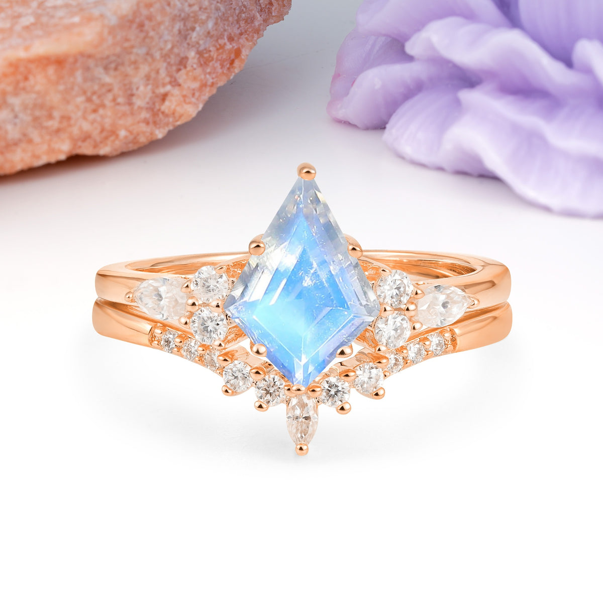 Classic, Luxurious 5-Prong Kite Cut Moonstone Bridal Ring Set - Additional view