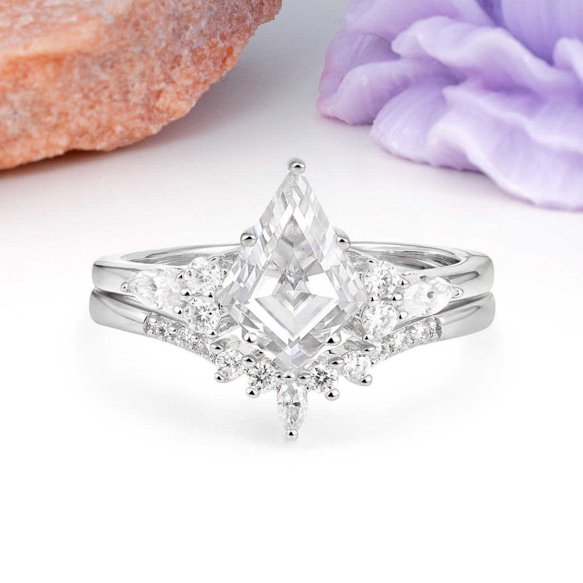 Classic, Luxurious 5-Prong Kite Cut Moissanite Bridal Ring Set - Additional view