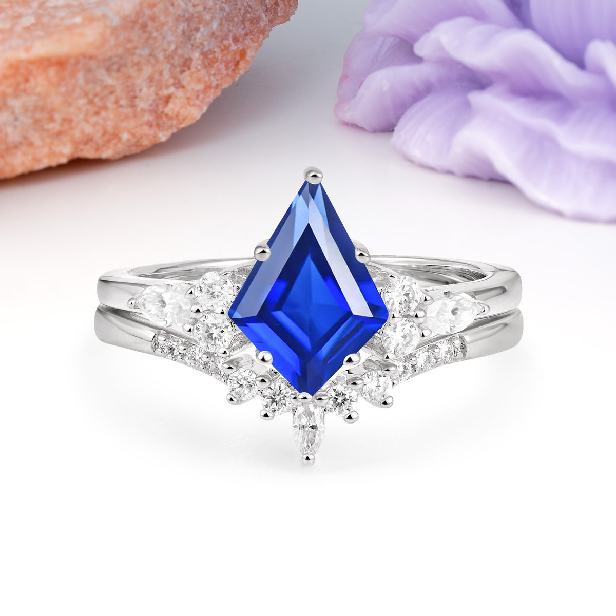 Classic, Luxurious 5-Prong Kite Cut Sapphire Bridal Ring Set - Additional view