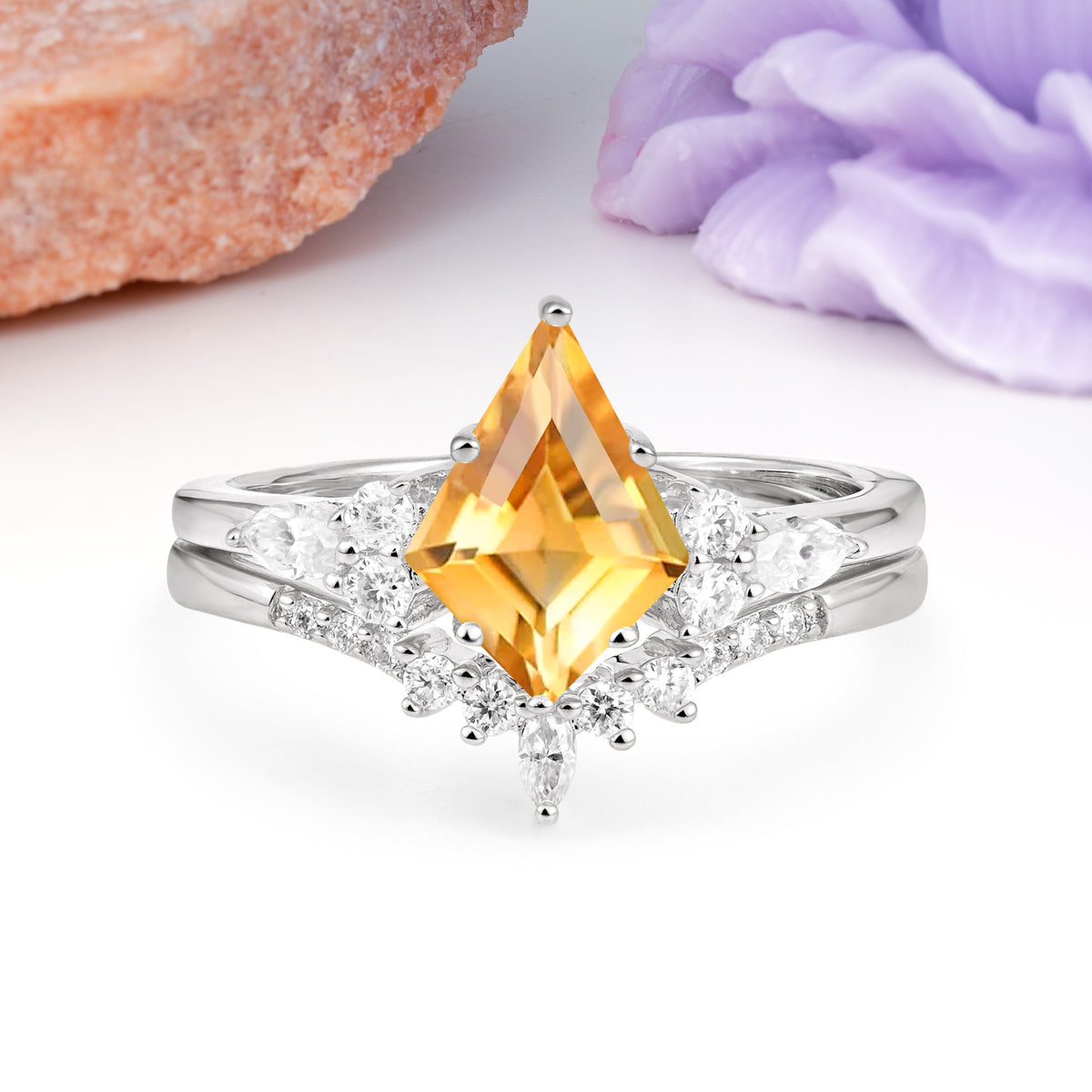 Classic, Luxurious 5-Prong Kite Cut Citrine Bridal Ring Set - Additional view