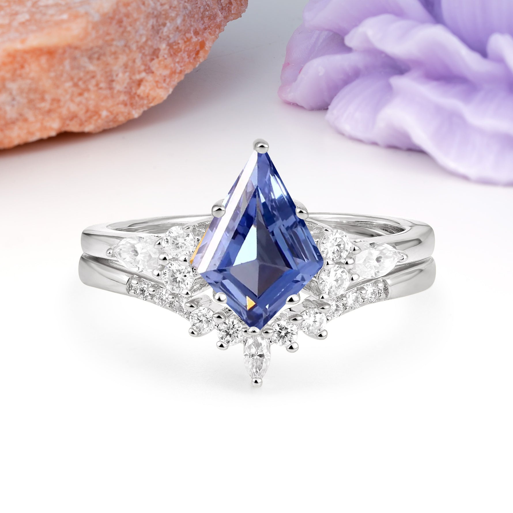 Classic, Luxurious 5-Prong Kite Cut Tanzanite Bridal Ring Set - Additional view